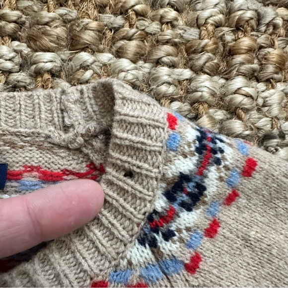 J. Crew Beige Fair Isle Crewneck Sweater Navy & Red Accents (XL) - Picture 3 of 7